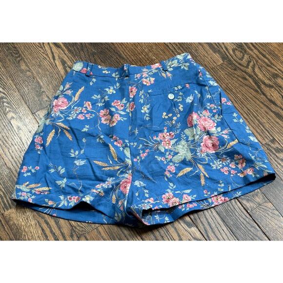 Vintage Lauren Ralph Lauren Linen Shorts Size 6 Blue Floral Print Pleated Front - Picture 5 of 9